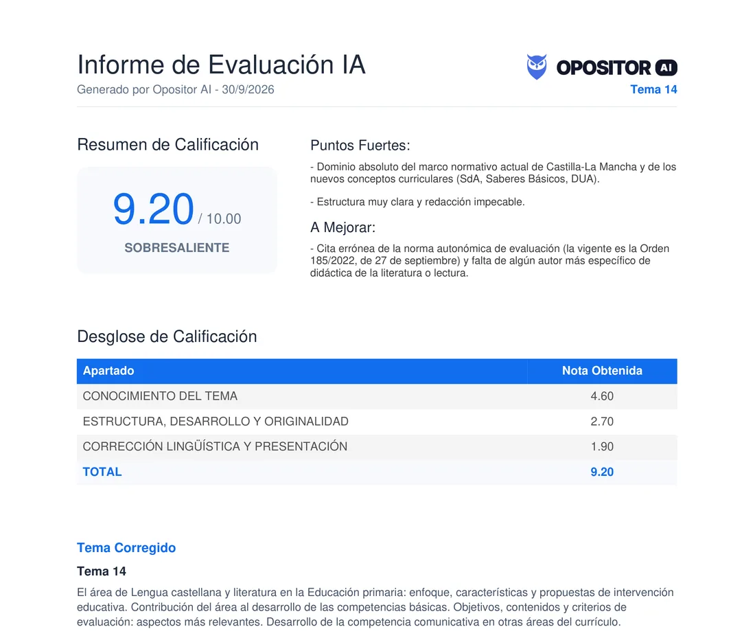 Primera página de un informe de evaluación: nota global de 9,20, desglose por apartados y comienzo del análisis detallado.